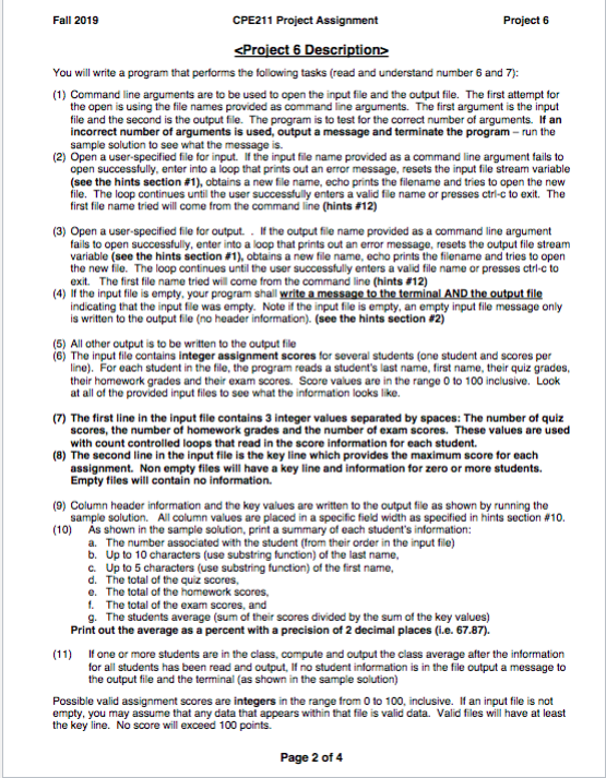 Fall 2019 CPE211 Project Assignment Project 6 You | Chegg.com