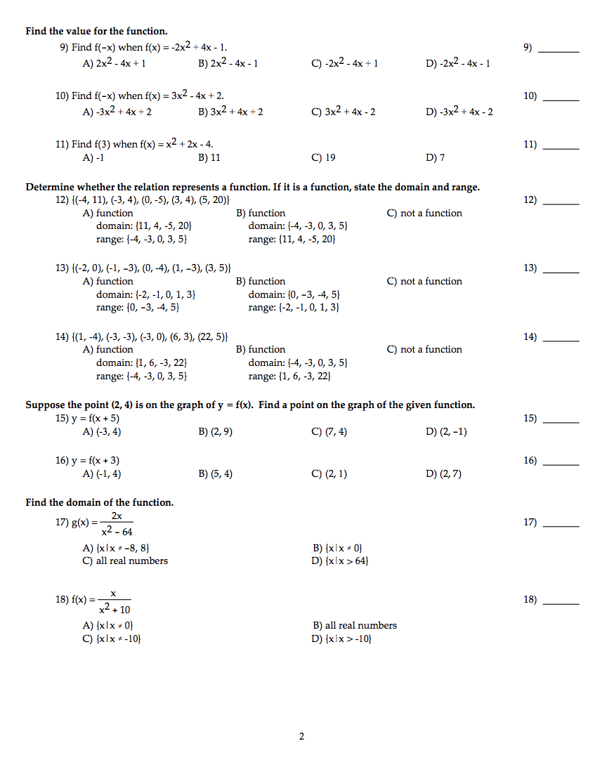 Solved MAC1105 HOMEWORK 2 Name MULTIPLE CHOICE. Choose the | Chegg.com