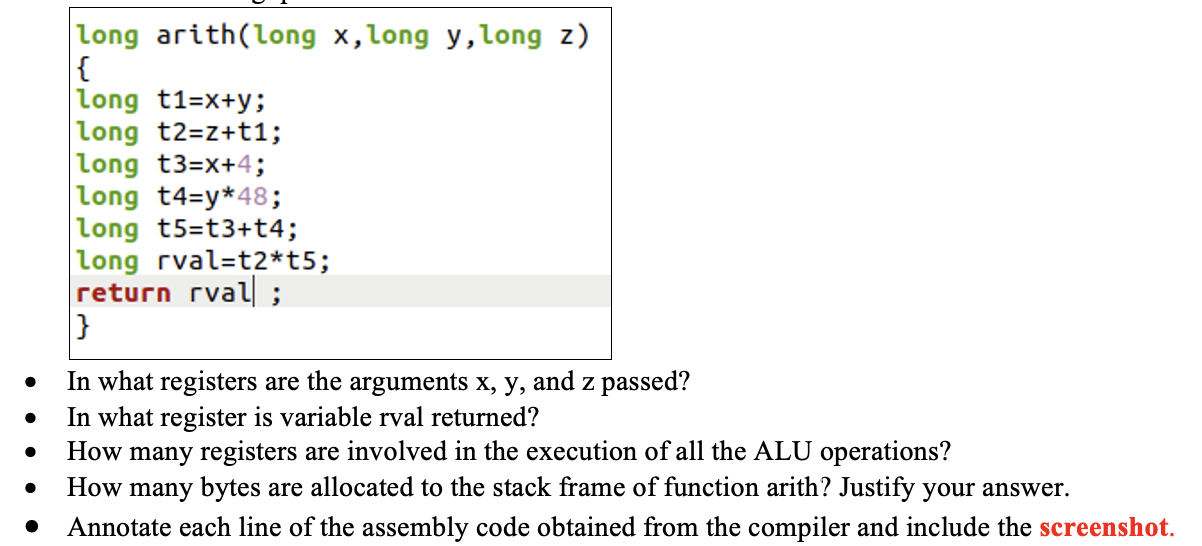 Solved long arith(long x, long y, long z) { Long t1=X+y; | Chegg.com