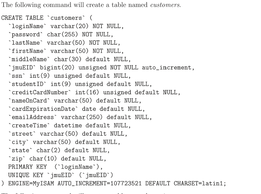 The following command will create a table named | Chegg.com