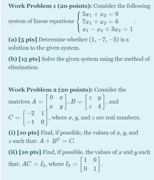 Solved Work Problem 1 (20 points): Consider the following | Chegg.com