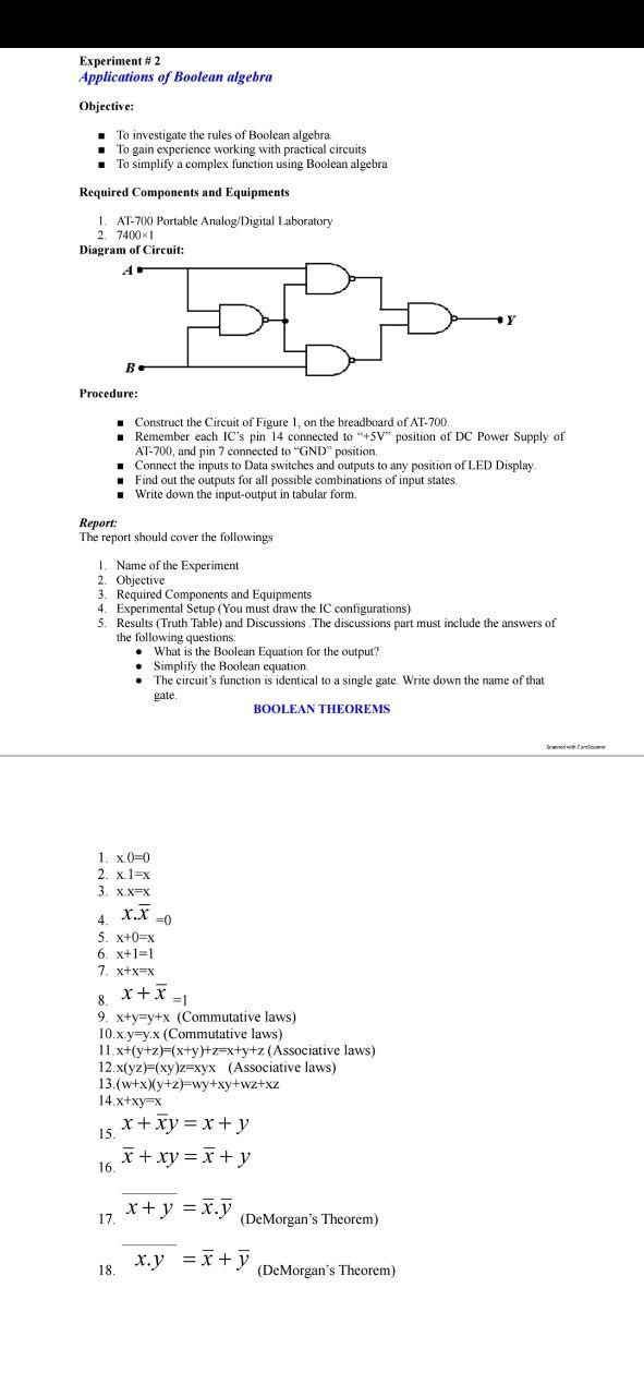 Solved Experiment #2 Applications Of Boolean Algebra | Chegg.com