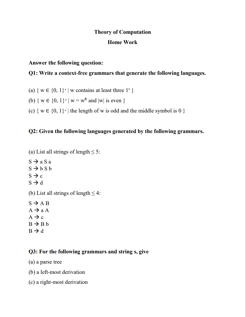 Solved Theory of Computation Home Work Answer the following | Chegg.com