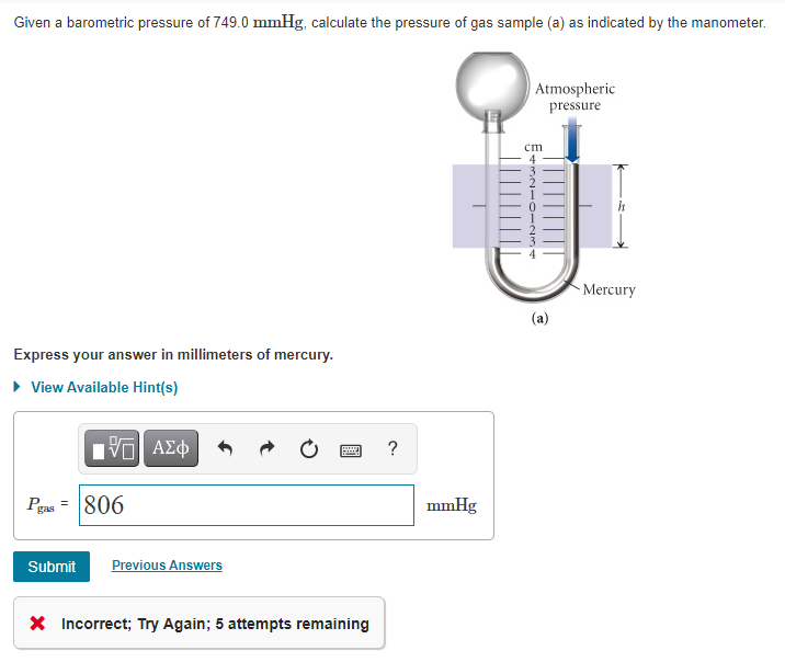 Given a barometric pressure of 749.0 mmHg, calculate