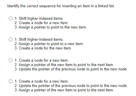 Solved Identify The Correct Sequence For Inserting An Item Chegg