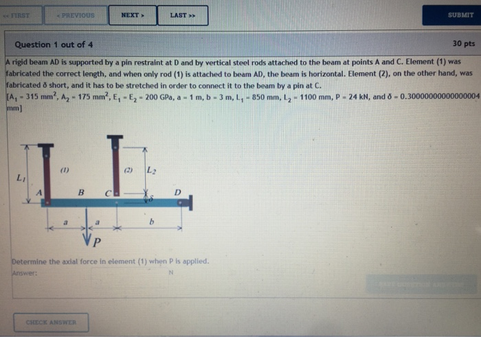 Solved Determine the axial force in elements 1 and 2 and the | Chegg.com