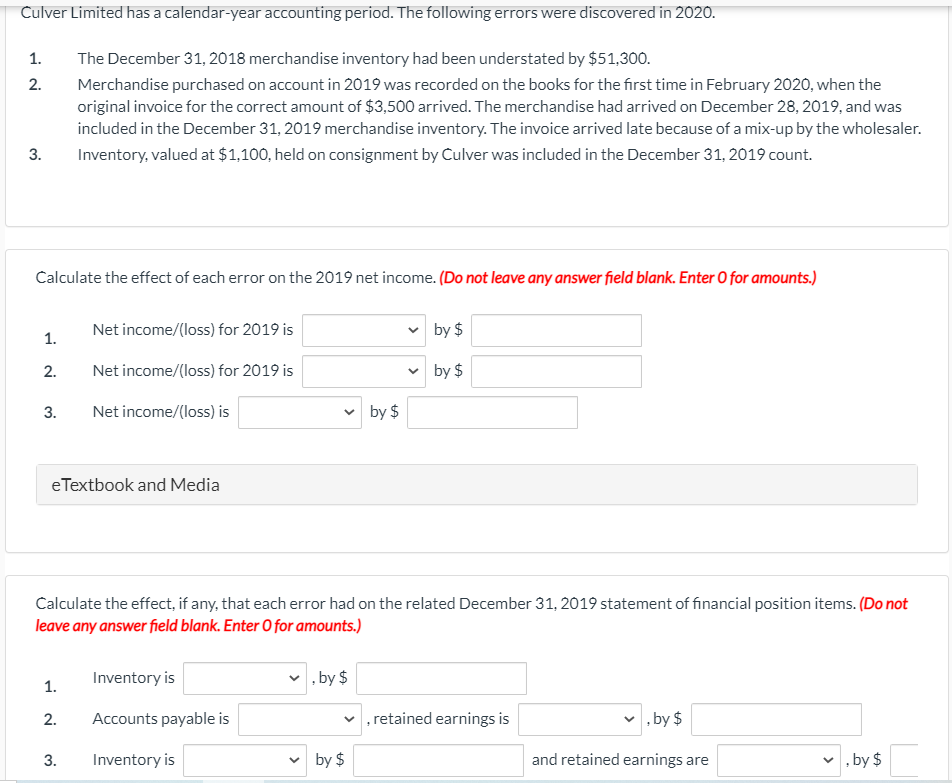 Solved Culver Limited has a calendaryear accounting period.