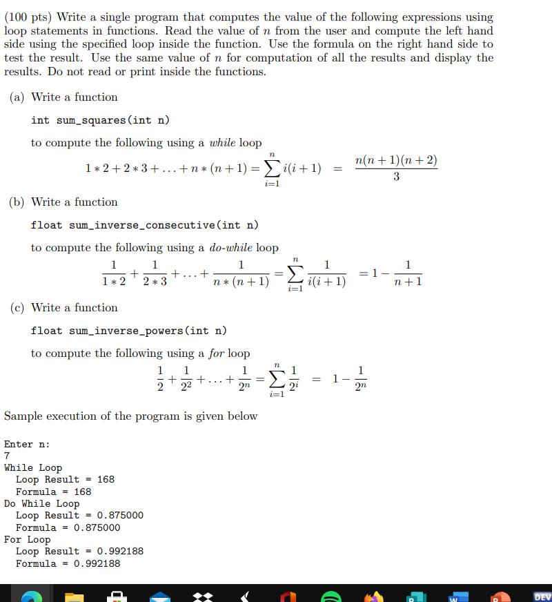 Solved (100 pts) Write a single program that computes the | Chegg.com