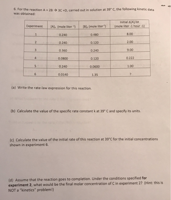 Solved 6. For The Reaction A + 2B Was Obtained: 3C+D, | Chegg.com