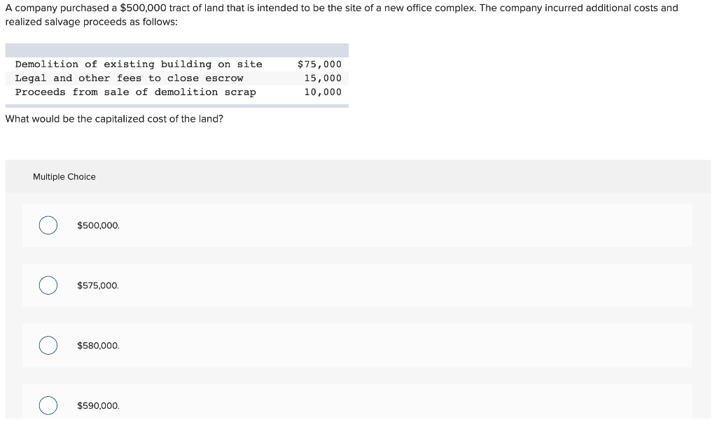 Solved A company purchased a $500,000 tract of land that is | Chegg.com