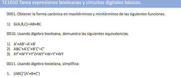 TE1010 Tarea expresiones booleanas y circuitos digitales básicos. 0001. Obtener la forma canónica en maxitérminos y minitérmi