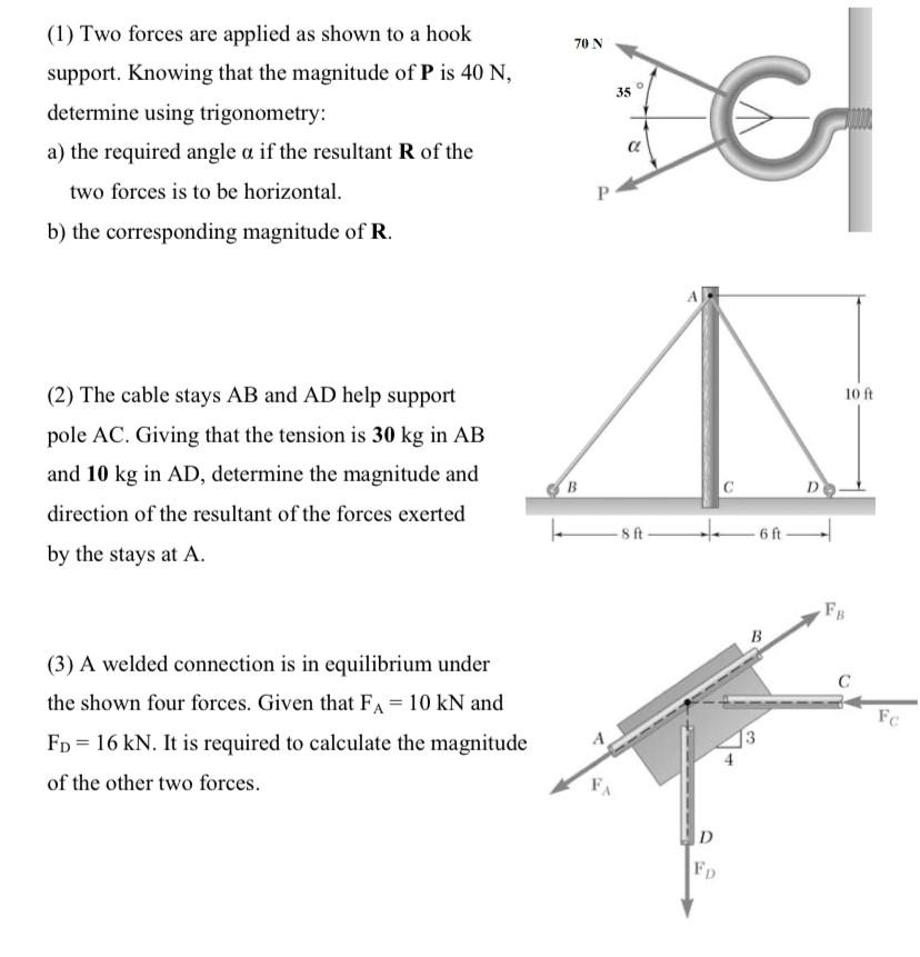 Solved 70 N 35 (1) Two Forces Are Applied As Shown To A Hook | Chegg.com