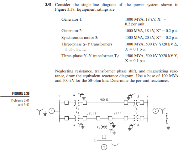 3.41 Consider the single-line diagram of the power system shown in Figure 3.38. Equipment ratings are

Neglecting resistance,