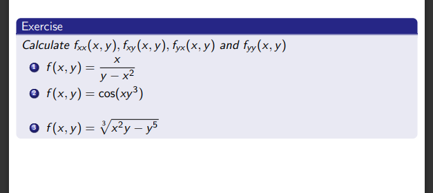 Calculate \( f_{x x}(x, y), f_{x y}(x, y), f_{y x}(x, y) \) and \( f_{y y}(x, y) \) \[ \begin{array}{l} f(x, y)=\frac{x}{y-x^