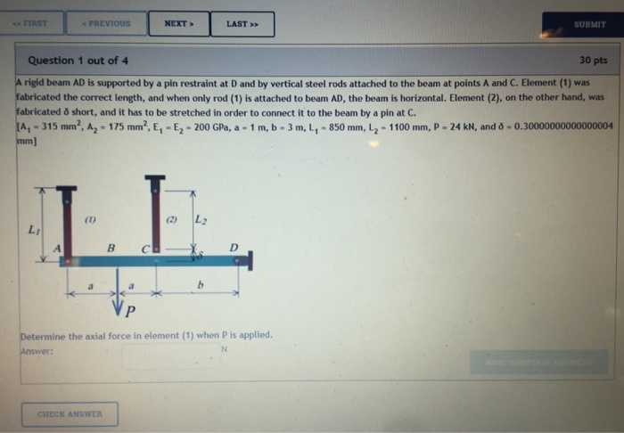 Solved Determine the axial force in elements 1 and 2 and the | Chegg.com