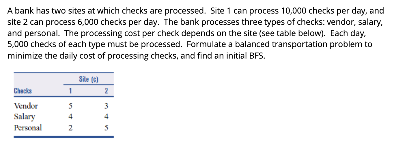 Solved A bank has two sites at which checks are processed. | Chegg.com