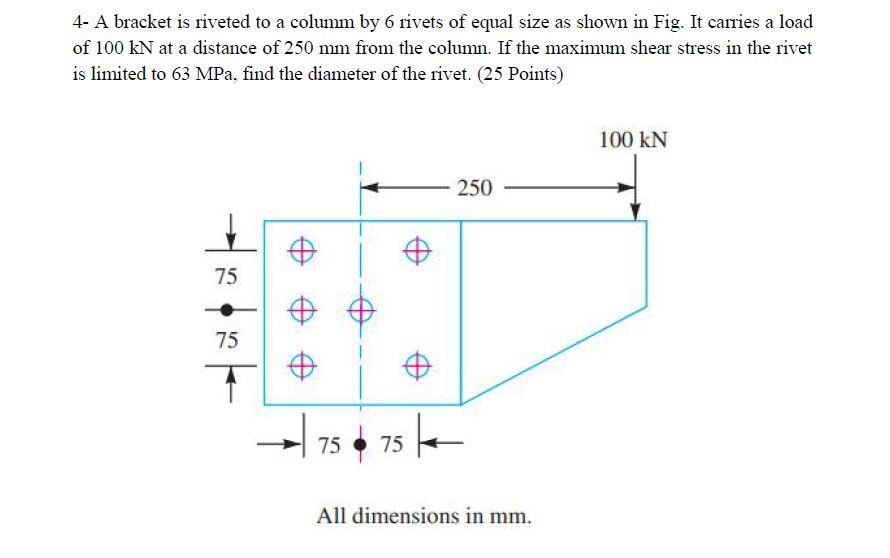 Solved 4- A bracket is riveted to a columm by 6 rivets of | Chegg.com