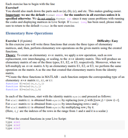 This is a Matlab exercise using Linear Algebra. | Chegg.com
