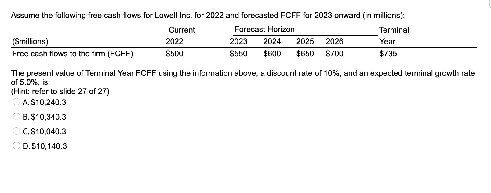 Solved The present value of Terminal Year FCFF using the