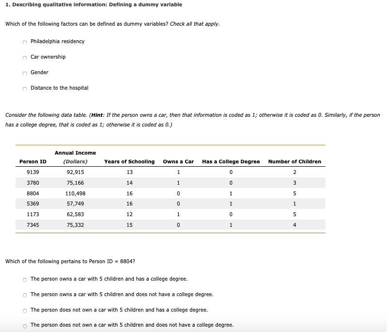 Solved 1. Describing qualitative information Defining a