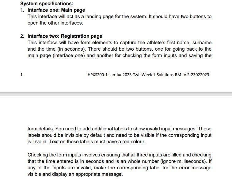 Solved System specifications: 1. Interface one: Main page | Chegg.com