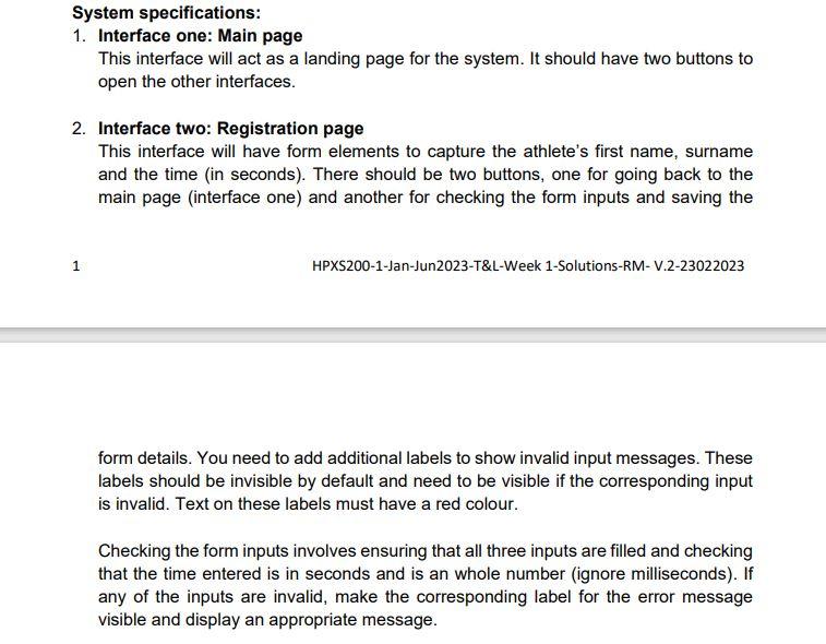 Solved System specifications: 1. Interface one: Main page | Chegg.com