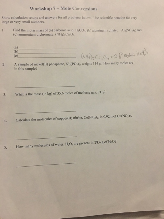 Solved Workshop 7-Mole Conversions Show calculation setups | Chegg.com