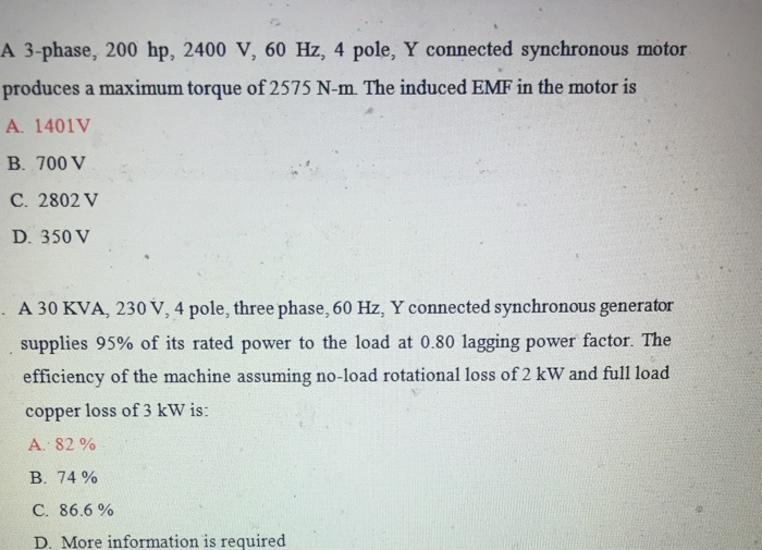 Solved A 3-phase, 200 hp, 2400 V, 60 Hz, 4 pole, Y connected | Chegg.com