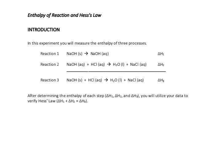 Solved Enthalpy of Reaction and Hess's Law INTRODUCTION In | Chegg.com