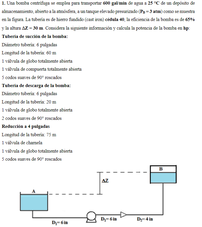 1. Una bomba centrífuga se emplea para transportar 600 gal/min de agua a 25 °C de un depósito de almacenamiento, abierto a la