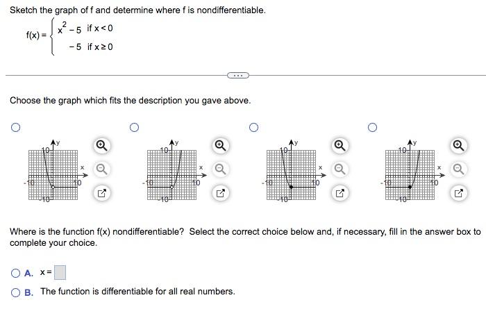 Sketch the graph of \( f \) and determine where \( f \) is nondifferentiable.
\[
f(x)=\left\{\begin{aligned}
x^{2}-5 & \text 