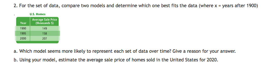 Solved 2. For the set of data, compare two models and | Chegg.com