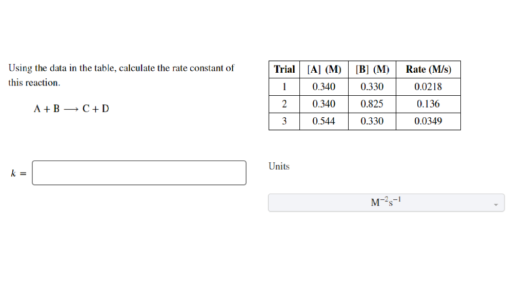 Solved Trial Using the data in the table, calculate the rate | Chegg.com