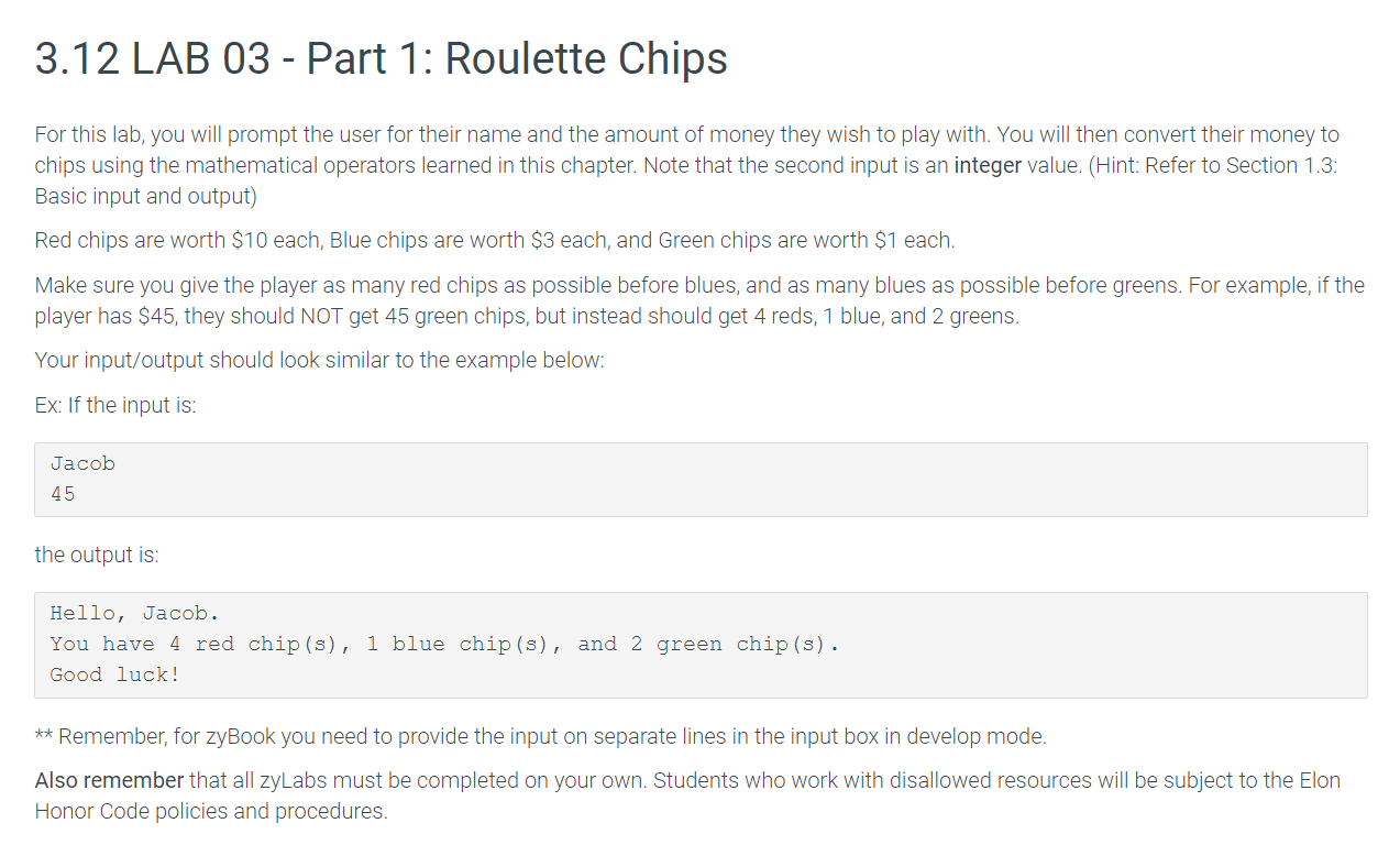 Solved 3.12 LAB 03 - Part 1: Roulette Chips For this lab, | Chegg.com