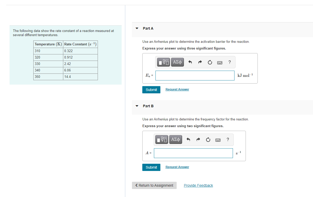 Solved Part A The following data show the rate constant of a | Chegg.com