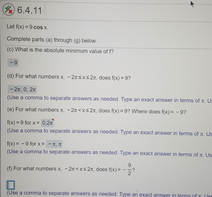 Solved 6 4 11 Let F X 9 Cos X Complete Parts A Throug Chegg Com