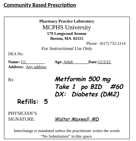 Solved Community Based Prescription Pharmacy Practice | Chegg.com