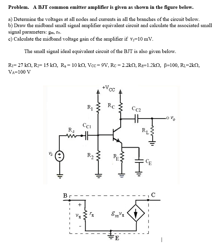 Solved Problem. A BJT common emitter amplifier is given as