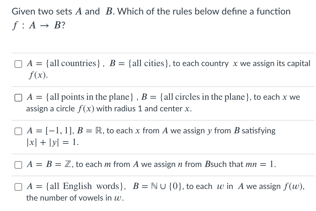 Solved Given Two Sets A And B. Which Of The Rules Below | Chegg.com