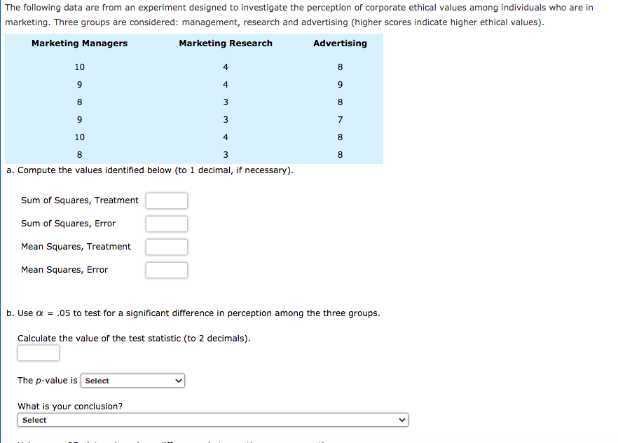 Solved The following data are from an experiment designed to | Chegg.com