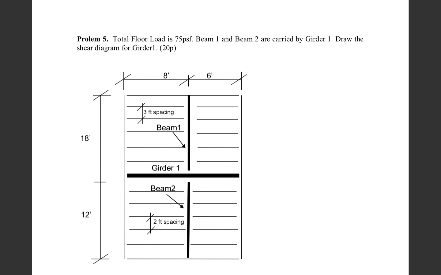 Solved Prolem 5. Total Floor Load is 75psf. Beam 1 and Beam | Chegg.com