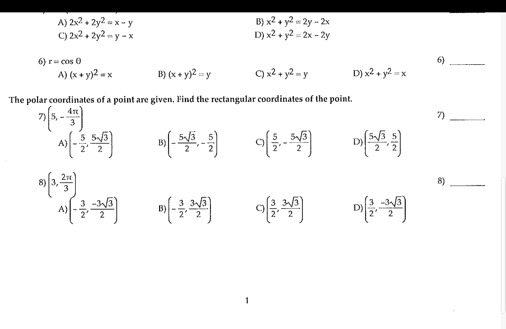 Solved A) 2x2+2y2=x−y B) x2+y2=2y−2x C) 2x2+2y2=y−x D) | Chegg.com