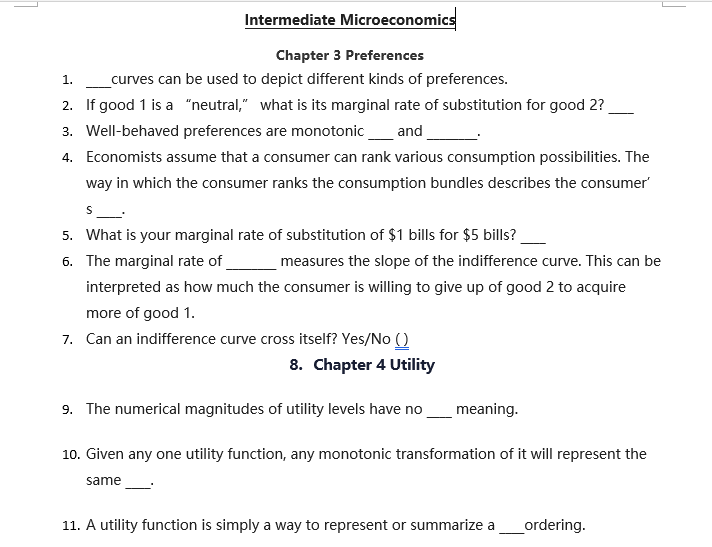 Solved 1. Intermediate Microeconomics Chapter 3 Preferences | Chegg.com