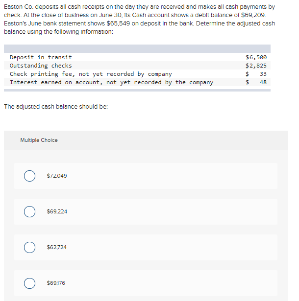 Solved Easton Co Deposits All Cash Receipts On The Day They 