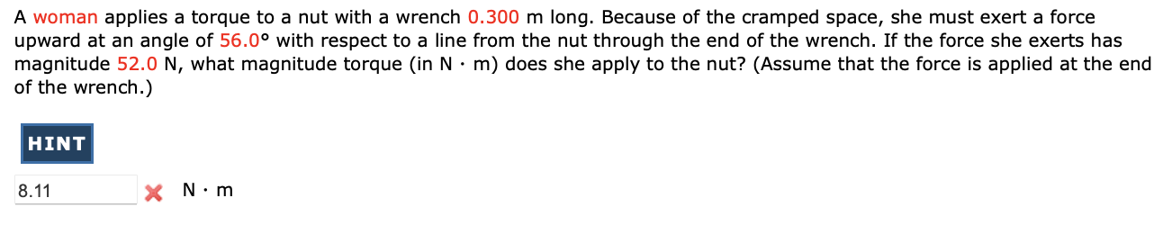 Solved A woman applies a torque to a nut with a wrench 0.300 | Chegg.com