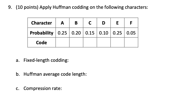 Solved 9. (10 Points) Apply Huffman Codding On The Following | Chegg.com