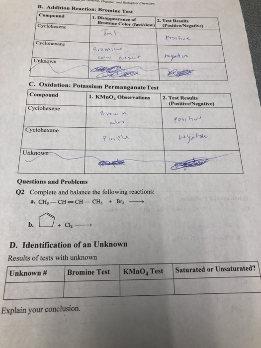 Solved B. Addition Reaction Bromine Test Compound