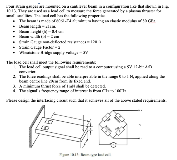 Four strain gauges are mounted on a cantilever beam