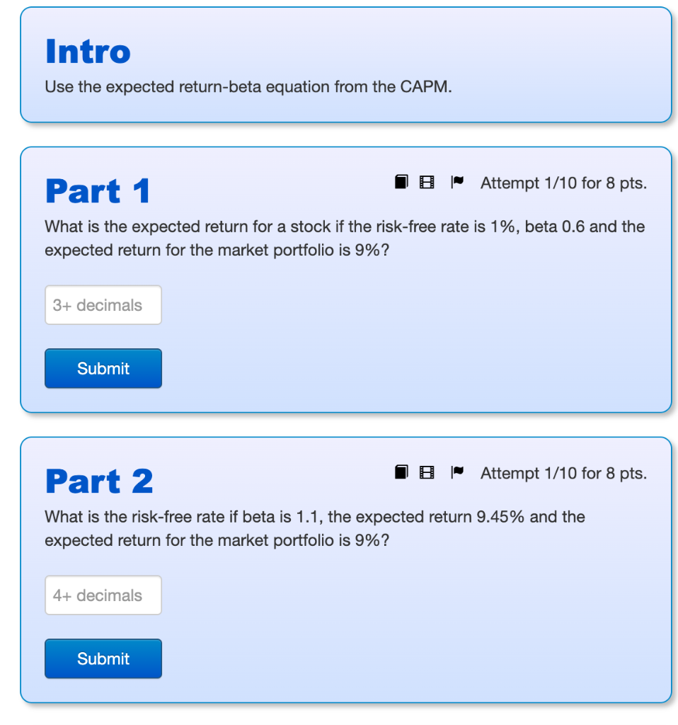 Solved Intro Use The Expected Return-beta Equation From The | Chegg.com