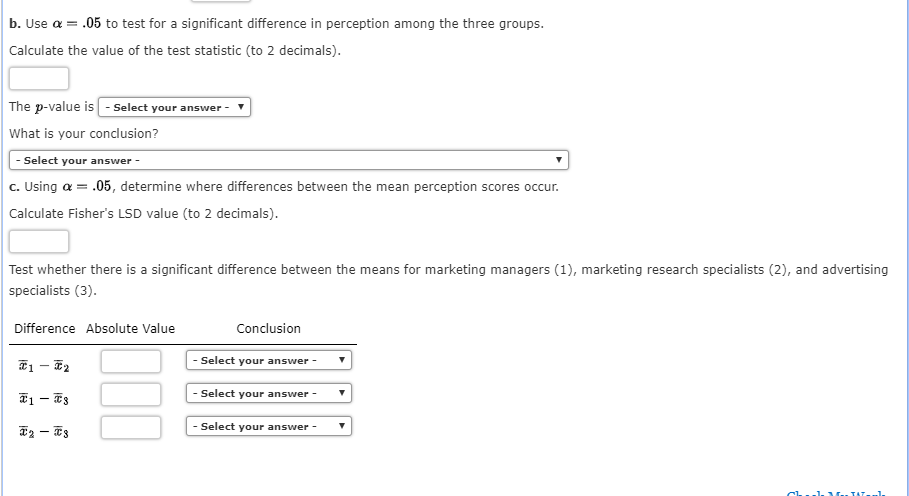 Solved b. Use a = .05 to test for a significant difference | Chegg.com